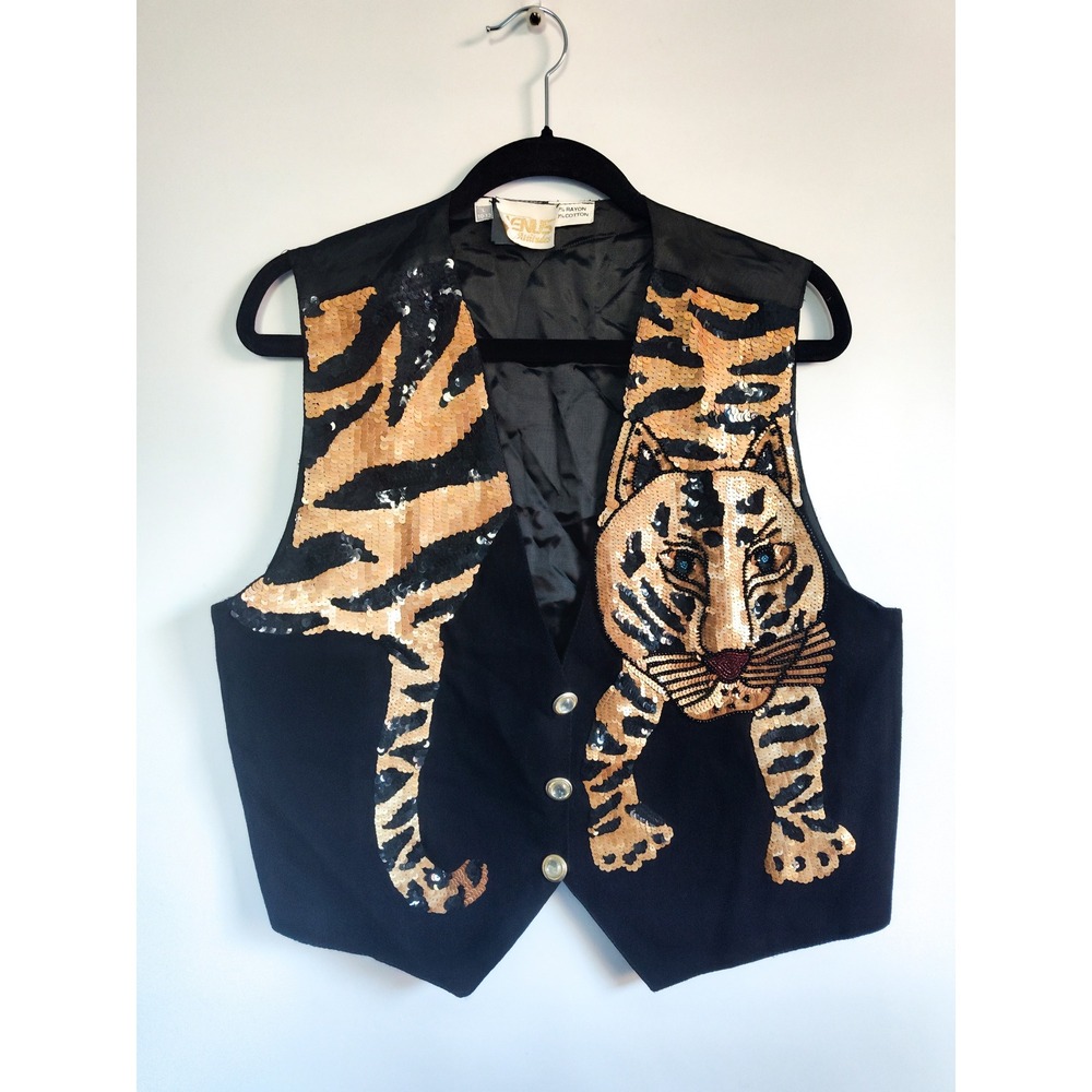 Vintage Tiger Vest Large Sequin Animal Print Vintage 90s Beaded Party Black Gold